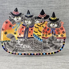 Fitz & Floyd Halloween Kitty Witches Platter 16"x11" Ceramic Canape Tray