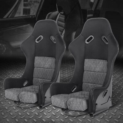 Pair Universal Gray Suede Leather Fixed Position Racing Bucket Seats w/ Sliders