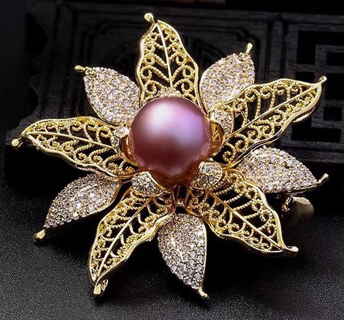 Natural 9-10mm Purple Pearl Crystal Peacock Flower 18KGP For Women - Picture 3 of 4