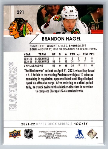 2021-22 Upper Deck #291 Brandon Hagel Chicago Blackhawks - Imagen 2 de 2