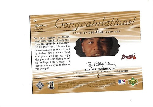 2001 SP GAME BAT EDITION Piece Of The Game ANDRUW JONES (Braves) - Picture 2 of 2