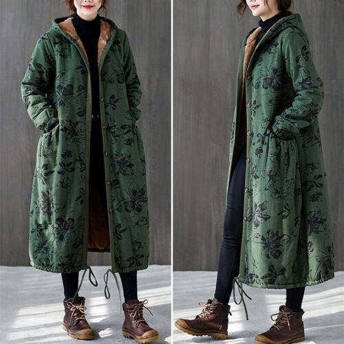 Damen Ethno Blumen Kapuze Jacke locker dick Fleece gefüttert Maxi Parka Mantel weich - Bild 11 von 18