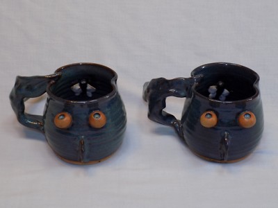 2 Pair Lot Set Blue Animal Funny Face Pottery Mug Eyes Bee Moth Insect Cup OOAK