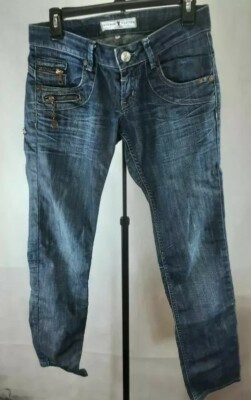 FREEMAN T. PORTER Womens Straight Leg Jeans Blue Medium Wash Patches Faded 28
