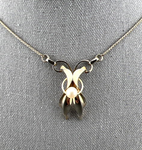 Vintage Ribbon Pearl Pendant Necklace 14k Gold Filled 14" Signed DCE Curtis