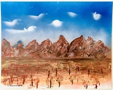 1995 Vintage Kaercher Desert Landscape Painting 90s Art Surrealism Mountains MCM