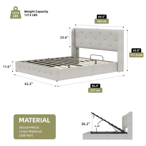 Hydraulic Queen Bed Frame Beige Linen Upholstered Headboard Built In Charging - Picture 2 of 11