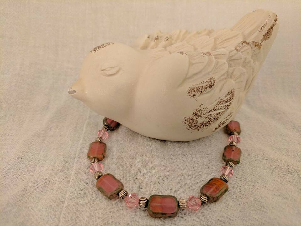 Czech glass bead bracelet with Swarovski crystals and sterling silver toggle clasp 7.5