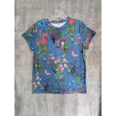 Blue Floral Top Womens Small Colorful Butterfly Enchanted Fairy Garden Whimsy