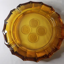 Vintage Amber Brown Patriotic Ash Tray Cigar Round Heavy  with flaws