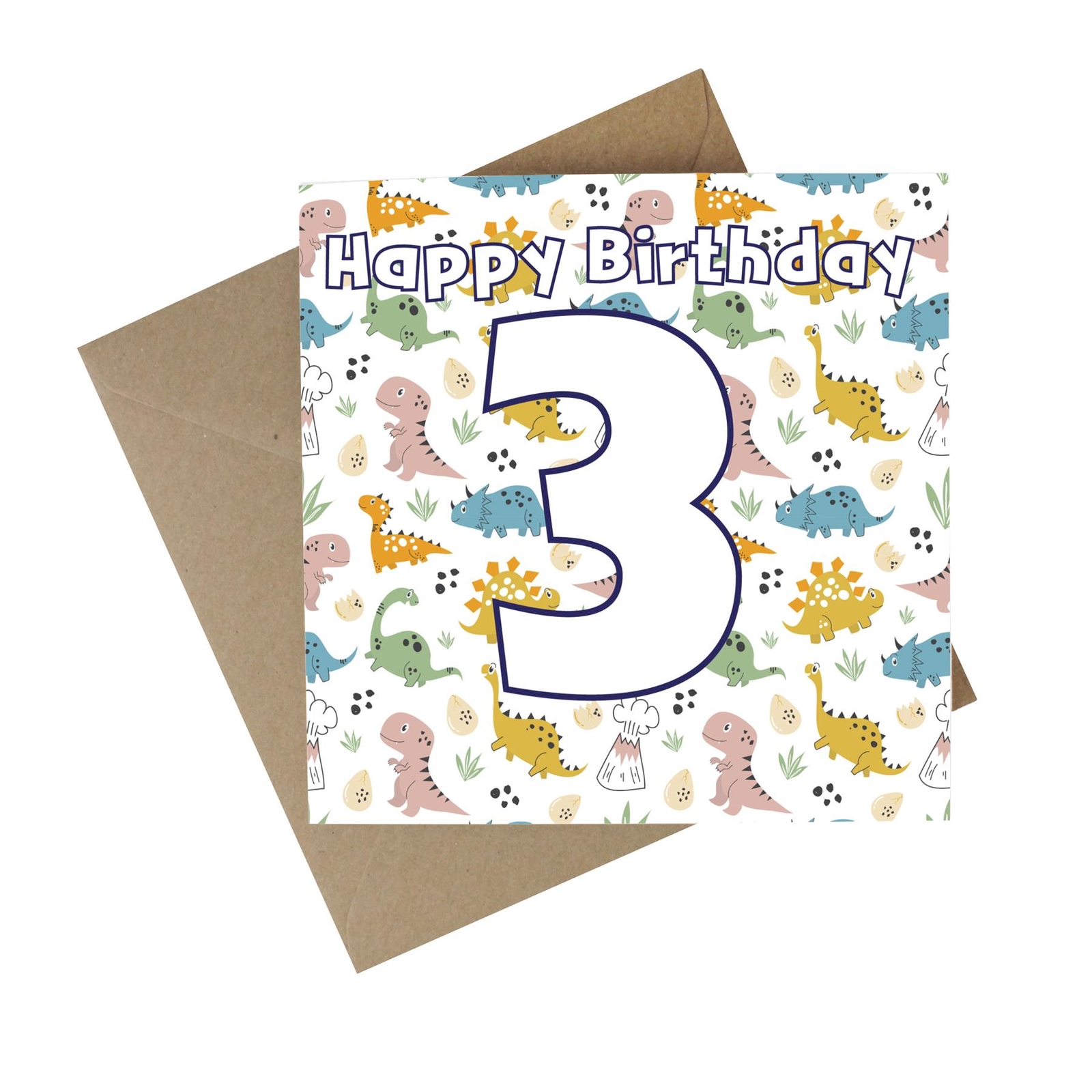 Dinosaur 3rd Birthday Recycled Paper Age Card - Childrens Eco Greetings Card