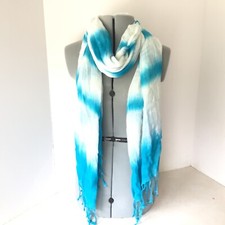 Turquoise And White Abstract Sheer Rectangle Scarf SZ L 100 Rayon 76  L x 24  W