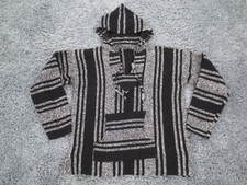 Unbranded Baja Hoodie Men Medium Black Striped Tie Neck Pocket Mexican Drug Rug