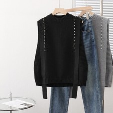 Lady Knitted Vest Tank Tops Gilet Waistcoat Beaded Sleeveless Retro Casual Basic