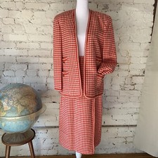 Vintage Houndstooth Worsted Wool Skirt Suit Set Jacket Red Tweed