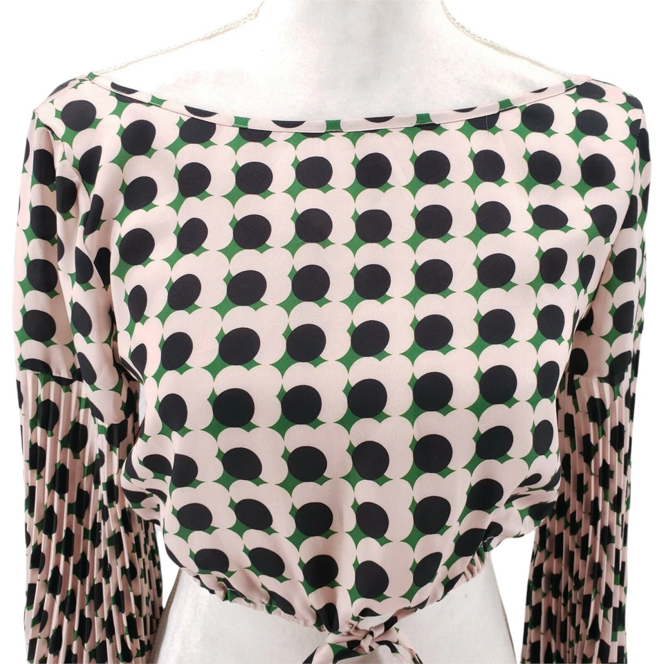 Milly Blouse Pleated Sleeves Cropped Tie Top MINT Size XS/S? Geometric Pattern - Image 2 of 4