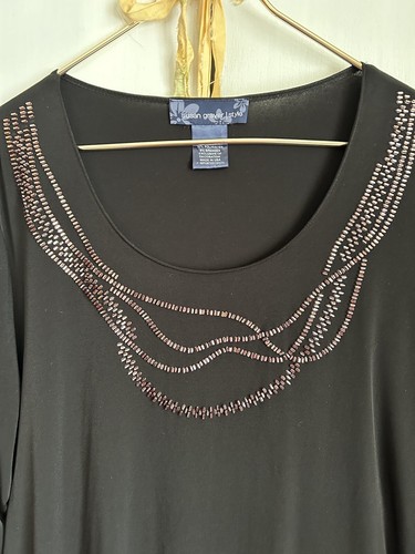 Susan Graver 1X Black Tunic Gold Beaded Romantic Boho LAGENLOOK Long Sleeve EUC - Picture 2 of 9