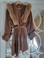 Mixed Wool And Mohair Real Fur Hooded Three Quarter Belted Coat .. Betty Barclay