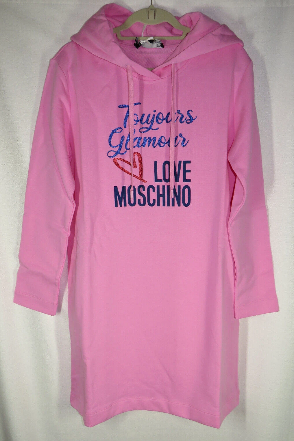 Love Moschino abito donna rosa manica lunga con cappuccio e tasche taglia 8