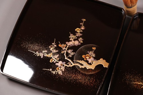 Japanese Wooden Lacquer Set of 3 Legged Tray Gold Moon&Plum Blossom Tea Ceremony - Picture 3 of 17