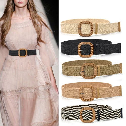 Summer Women Elastic Woven Belt Square Buckle Vintage Boho Straw Belt Dress B.ar - Picture 2 of 16