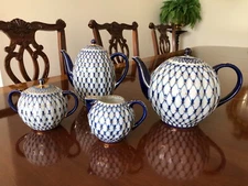 Russian Imperial Lomonosov Cobalt Net Coffee Teapot Creamer Covered Sugar Set