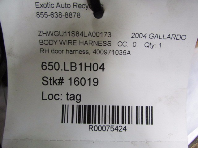Lamborghini Gallardo, RH, Right Door Wire Harness, Used, P/N 400971036A