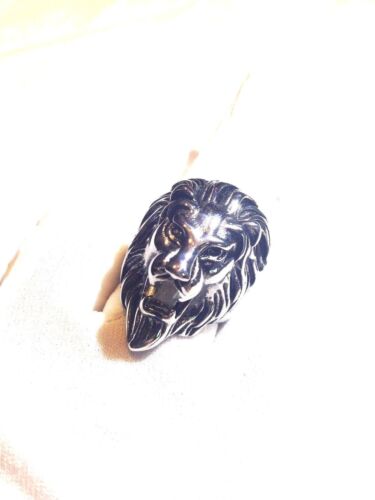 Vintage Silver Stainless Steel Lion Head Crest Size 10 Men's Leo Ring - Afbeelding 1 van 8