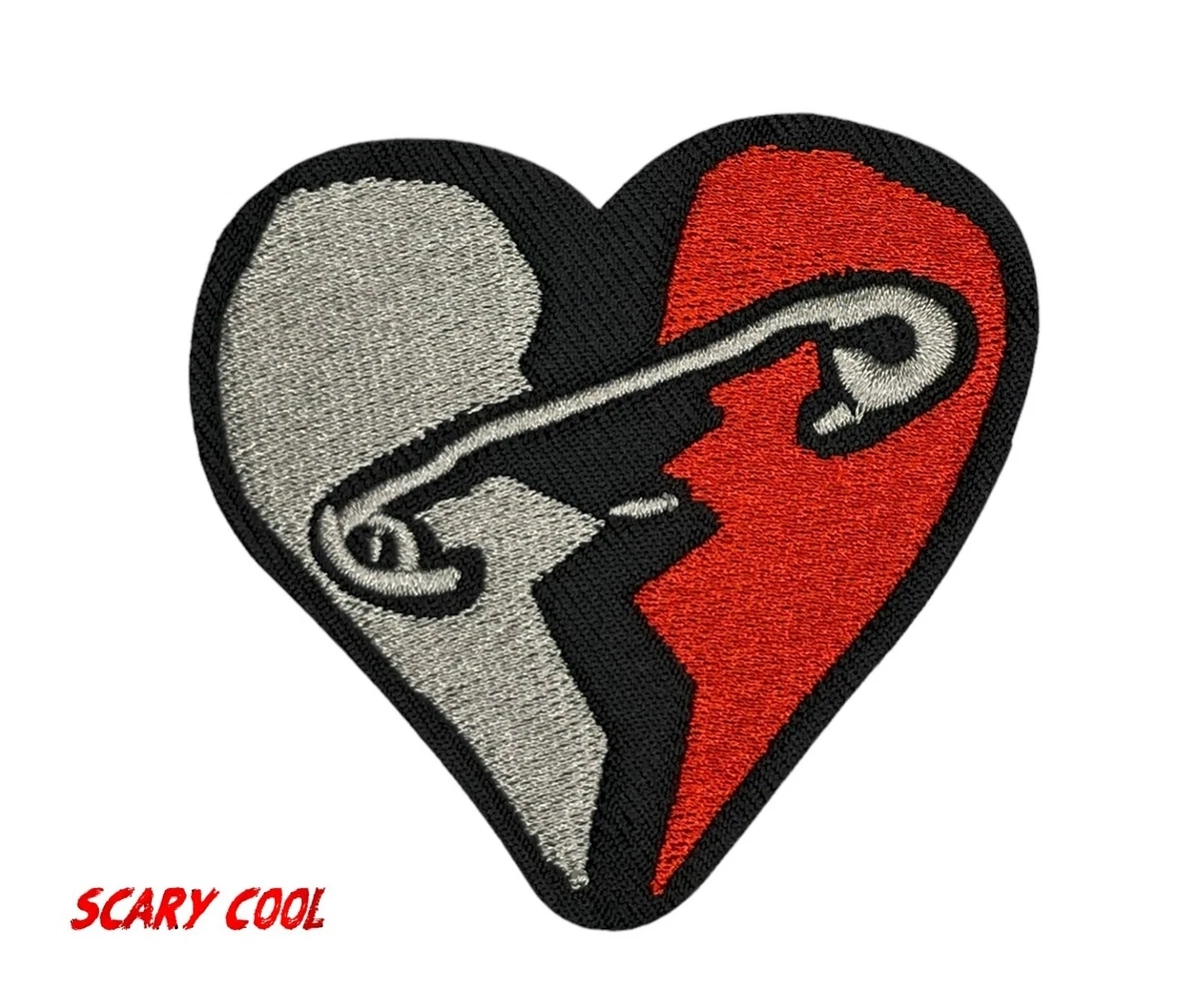 New Heart Broken Safety Pin Repaired Embroidered Biker Iron On Patch