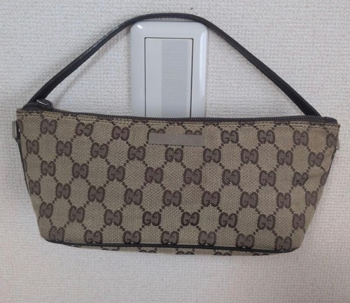 GUCCI Boat Bag Pochette GG canvas leather Brown Vintage Authentic From Japan