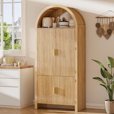 71" Arched Kitchen Pantry Cabinet Fluted Wood Storage