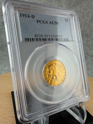 1914 D GOLD INDIAN HEAD $5 HALF EAGLE COIN PCGS AU 50 | 90% GOLD | FIVE DOLLARS
