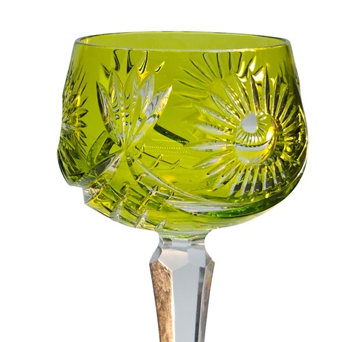 Bohemian Lime Green Cut to Clear Fans and Floral Wine Glass 8.25” - Picture 2 of 6