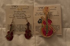 Vtg Two Hands Jewelry Metal Enamel Cello Earrings And Pin