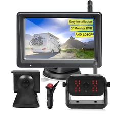 Wireless Solar Magnet Backup Camera 5" Monitor  DVR for Trailer Trucks RVs Van