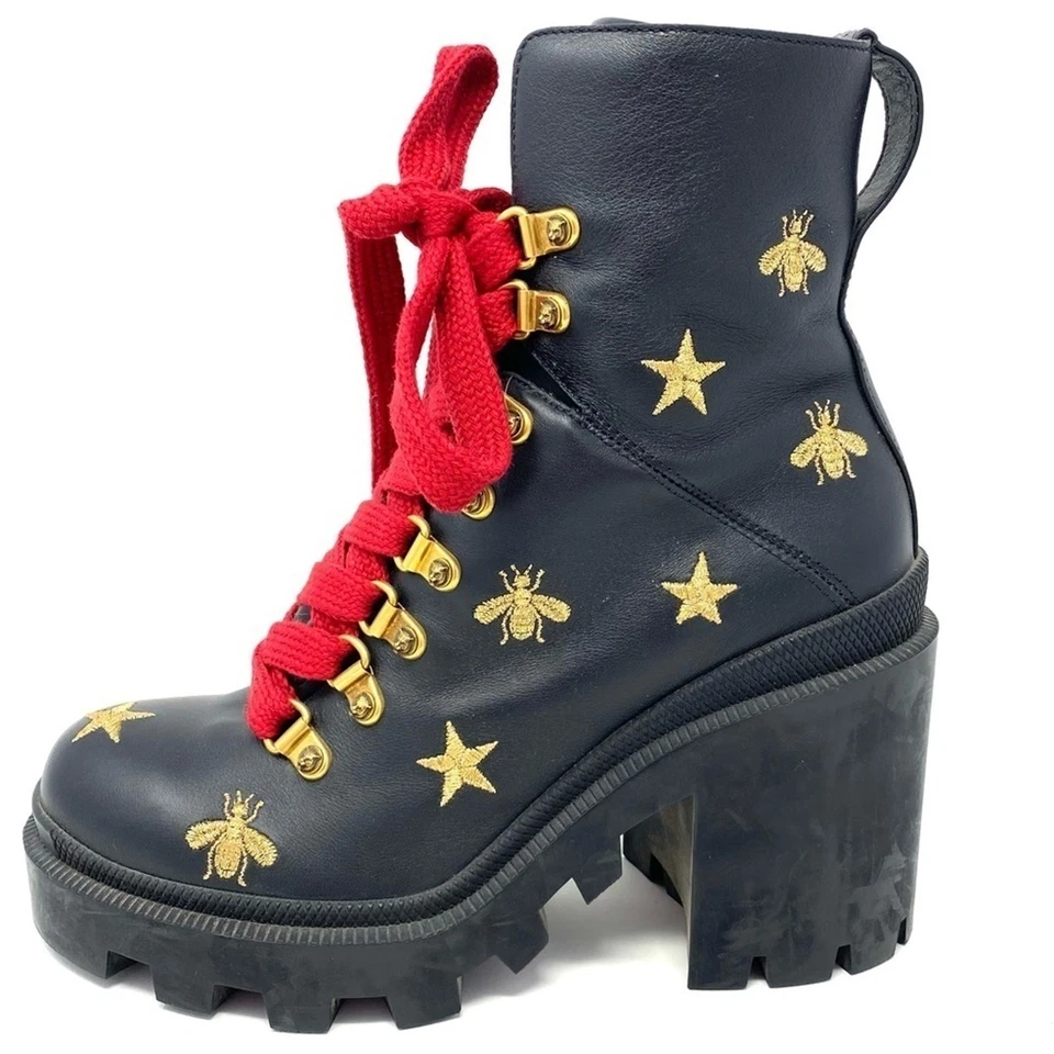 Gucci черный кожаный платформе боя ботинки пчелы и звезды красный кружева US6 EU35 - Изображение 4 из 4