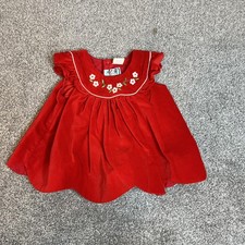 vtg Girls Dress 6-9 Months Red Velveteen Embroidered Floral Scallop Christmas