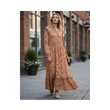 Universal Thread Sz S Brown Floral Ruffle Maxi Dress Balloon Sleeve Boho Prairie