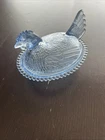 Vintage Indiana Glass Blue Hen On Nest Chicken Glass Candy Dish Depression Glass