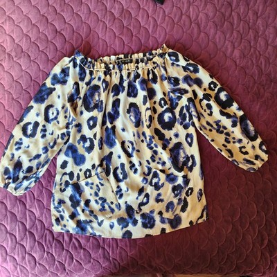 St. John Blouse Tunic Off The Shoulder Silk Pockets Animal  Beige Blue Large 