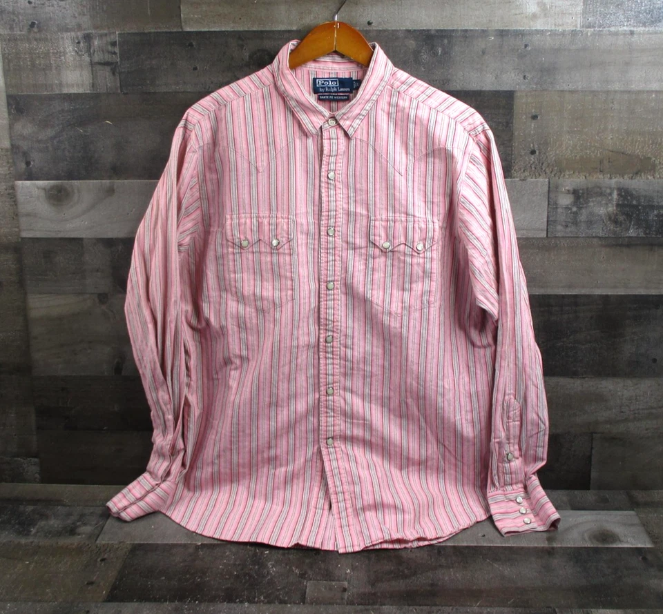 Camisa Polo Ralph Lauren Para Hombre Grande Rosa Rayas Sante Fe Western Pearl Snap Foto 2 de 4