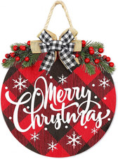 Merry Christmas Decorations Wreath, Merry Christmas Buffalo Plaid Hanging Sign R