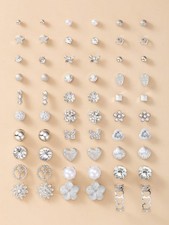 60Pcs Silver Stud Earrings Set Heart Butterfly Flower Rhinestone Pearl