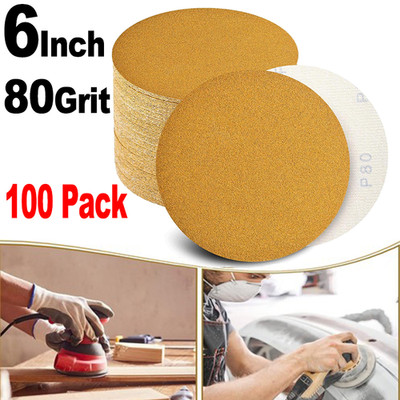 100-PACK 6'' Inch 80 Grit DA Sanding Disc Hook Loop Sandpaper