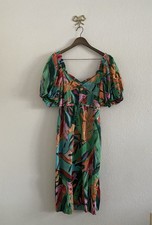 Farm Rio Multicolor Banana Foliage Puff-Sleeve Midi Dress Size Small Boho