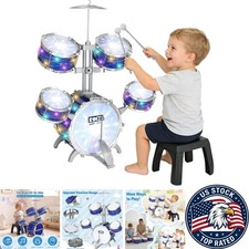 5-Piece Light Up Kids Drum Set with Stool Pedal - Fun Musical Toy for Ages 1-7