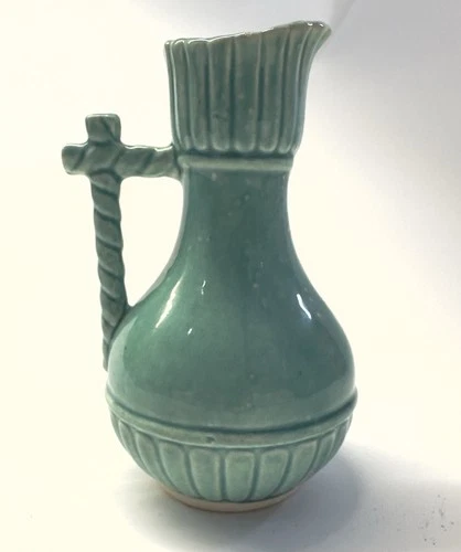 Antique Collectible Vintage McCoy Pottery Aqua Turquoise Ewer Pitcher 1940's 8”