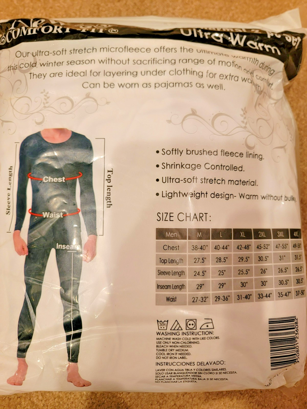 Men 92% Poly 8% Spandex Top/Bottom 2PC Set  Fleece Thermal Long Johns Underwear