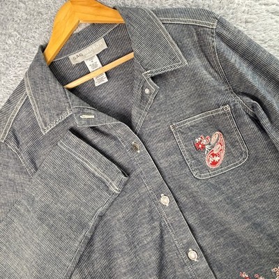 Sag Harbor Sport Women's Chambray Pinstripe Embroidered Button Up Blouse Sz 12