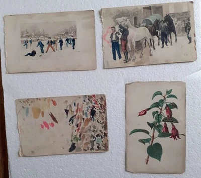 3 Scènes De Genre À L'Aquarelle+1 fleurs+1 paysage-XIXe Siècle-4 feuilles - Photo 1/4